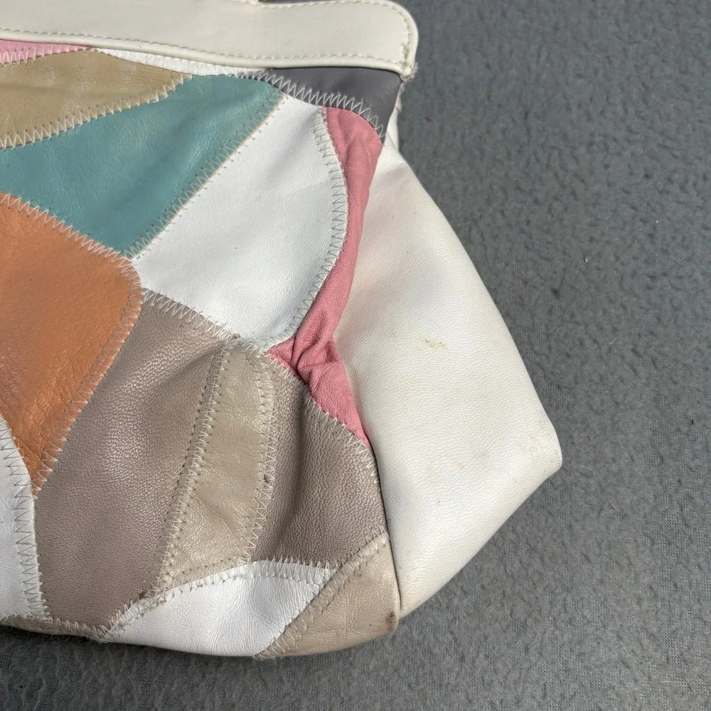 Vintage Multi Color Leather Patchwork Satchel Bag Pastel Boho Top Handle Purse